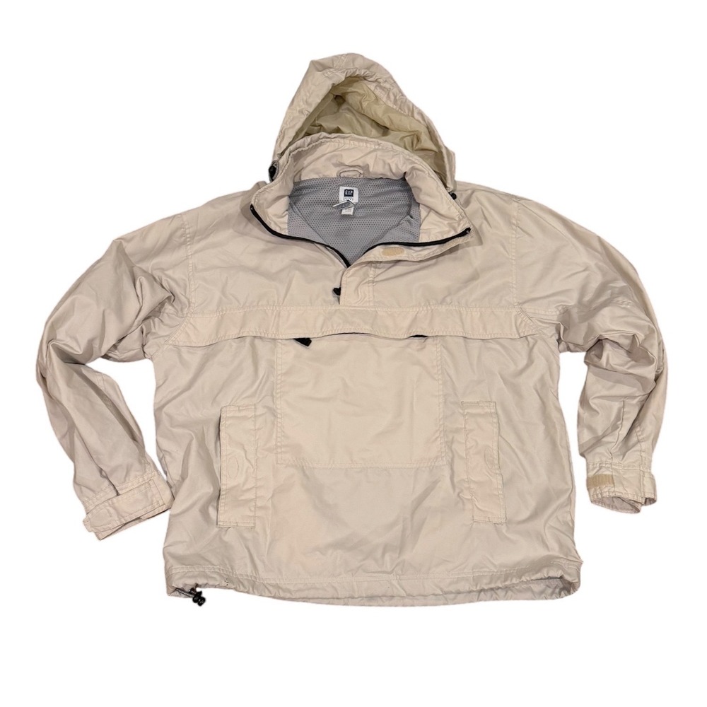 Y2K Vtg Gap Factory Store Mens Beige Anorak Windbreaker Hooded Pullover Jacket L